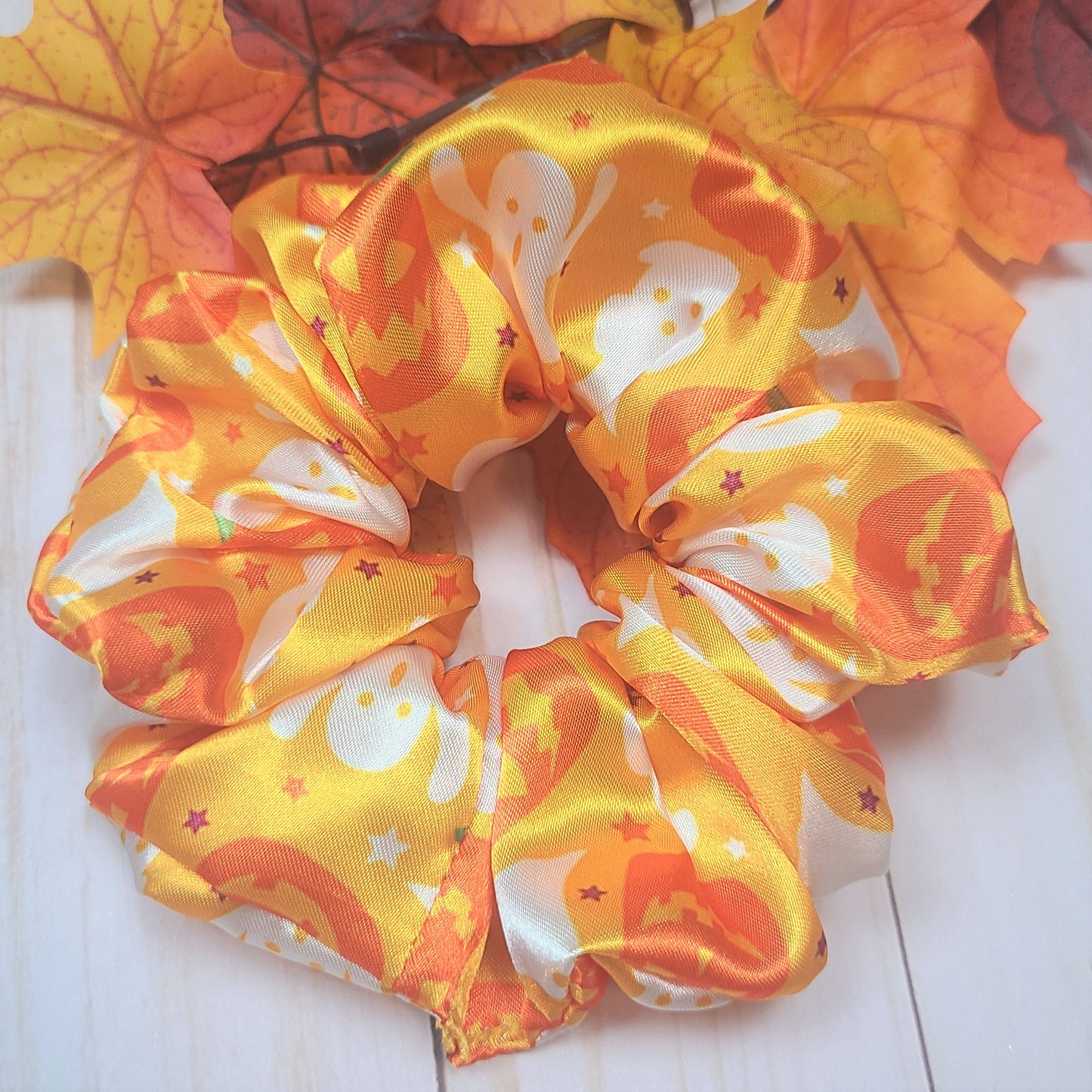 Ghosts and Pumpkins Satin Scrunchie