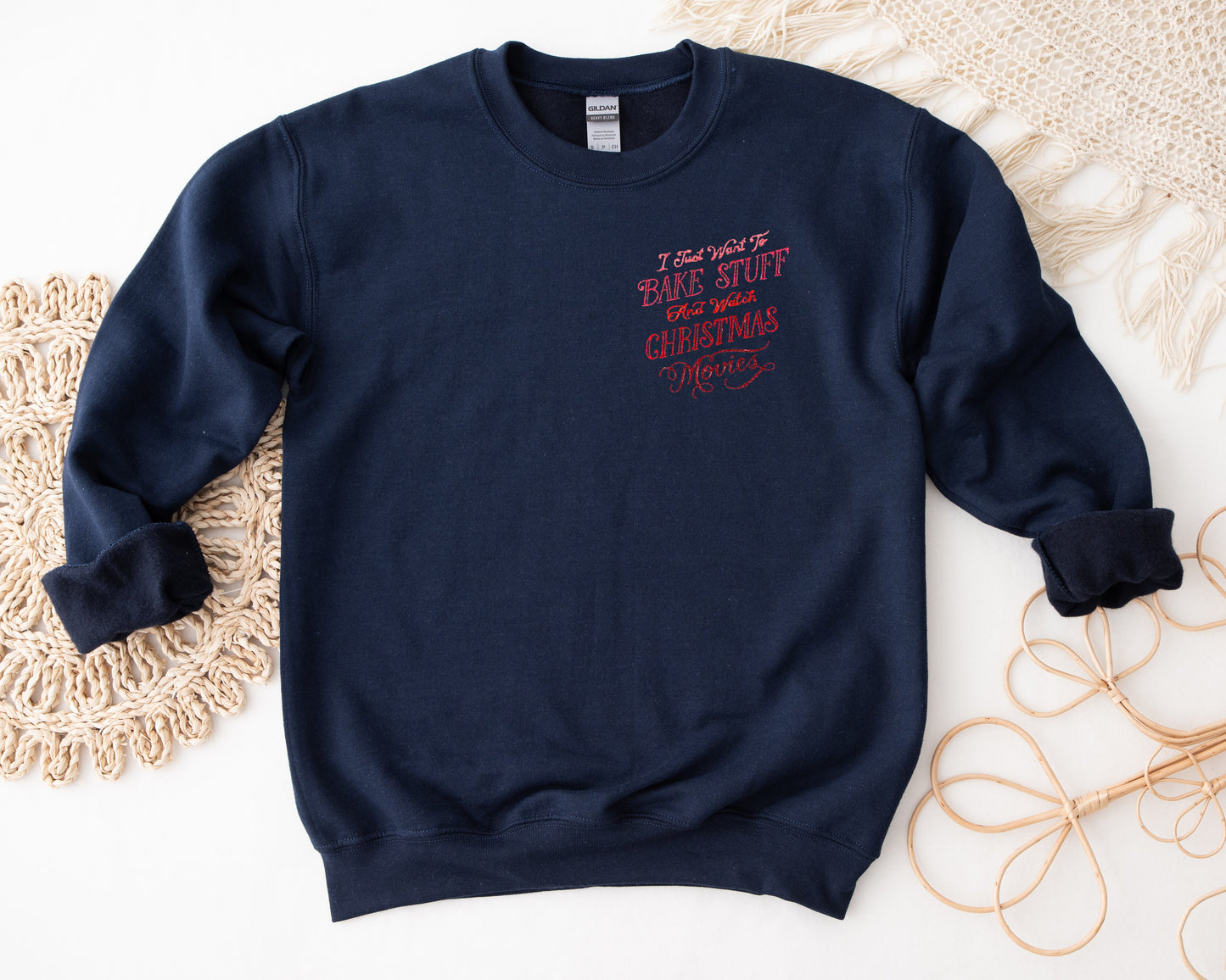 Bake Stuff and Watch Christmas Movies Embroidered Adult Unisex Crewneck Sweatshirt