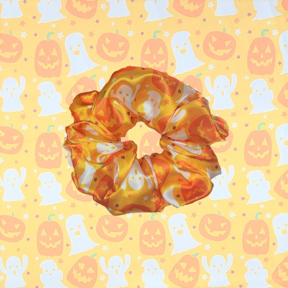 Ghosts and Pumpkins Satin Scrunchie