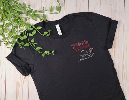 Hugs & Kisses Shark Black Embroidered Tee