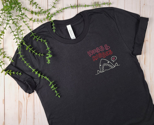 Hugs & Kisses Shark Black Embroidered Tee