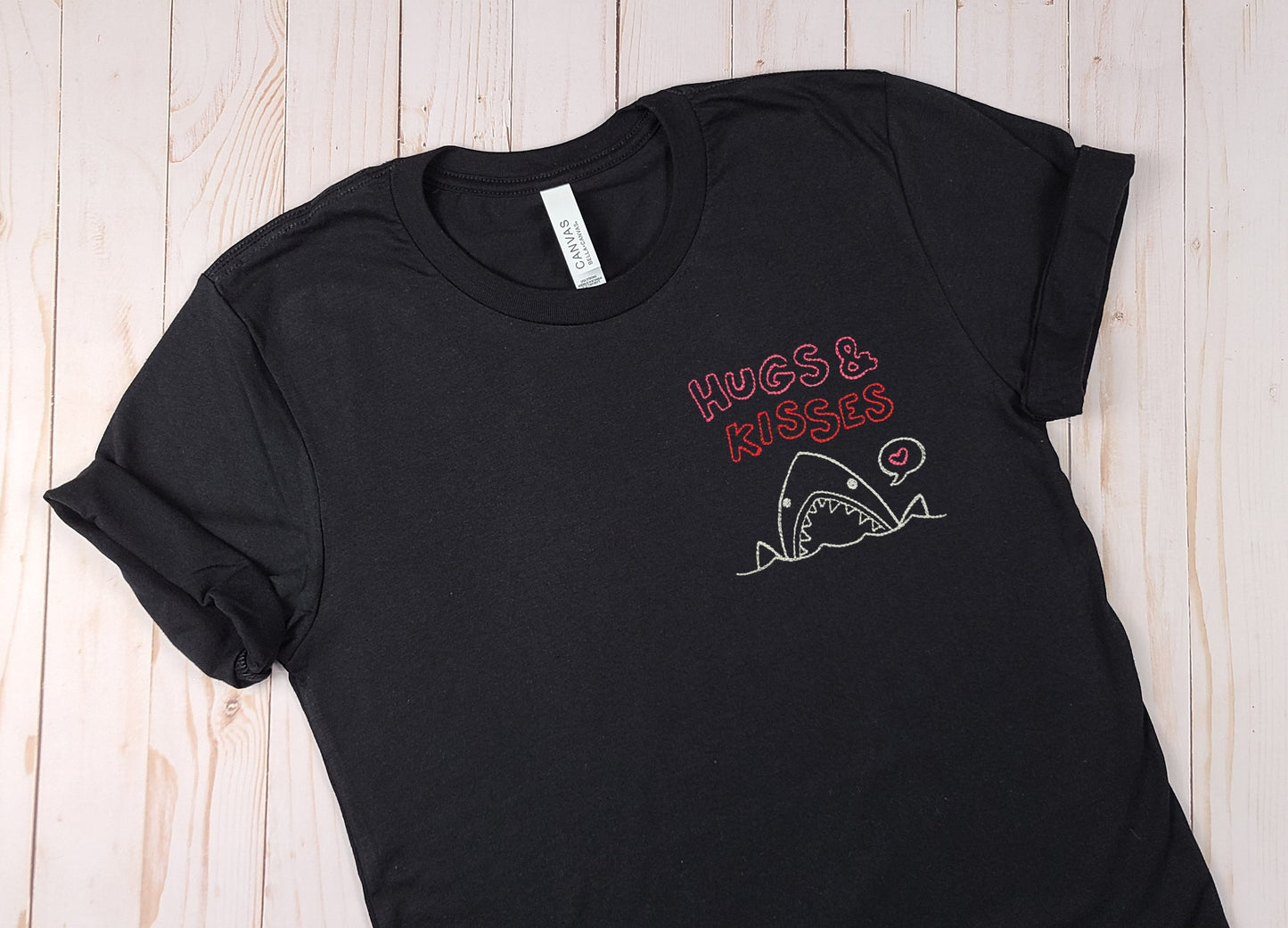 Hugs & Kisses Shark Black Embroidered Tee