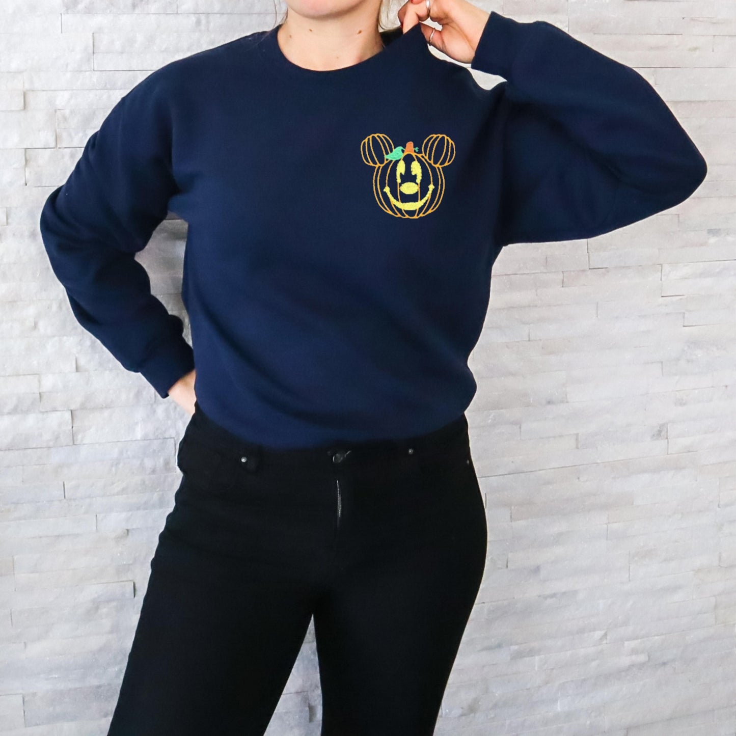 Pumpkin Mickey Decor Embroidered Unisex Crewneck Sweatshirt