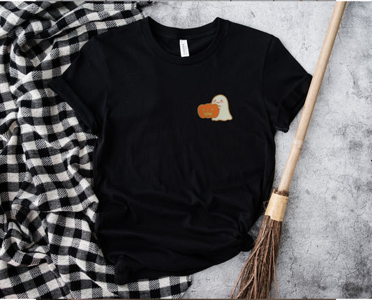 Cute Pumpkin Ghost Black Embroidered Tee