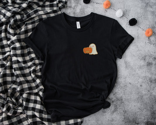 Cute Pumpkin Ghost Black Embroidered Tee