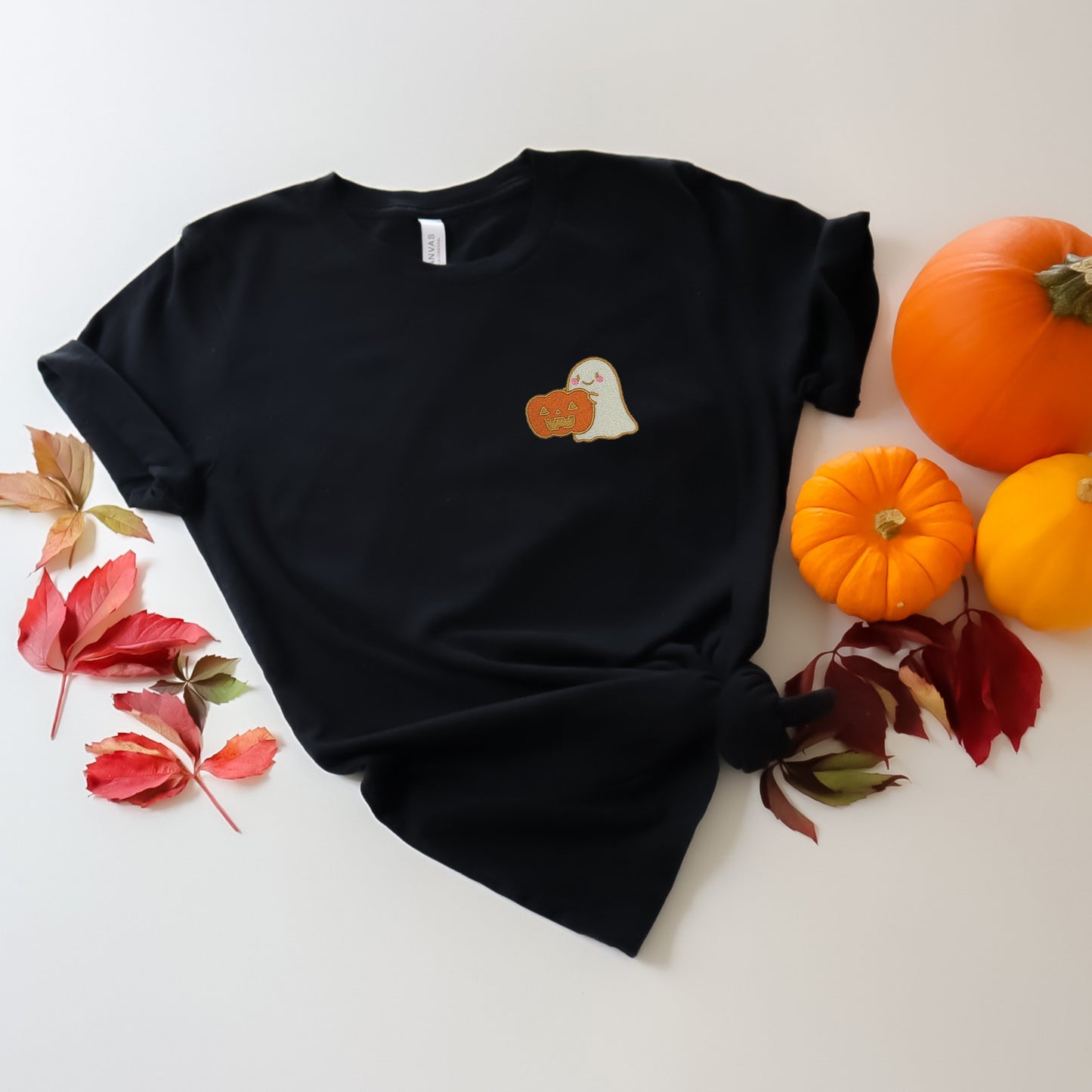 Cute Pumpkin Ghost Black Embroidered Tee