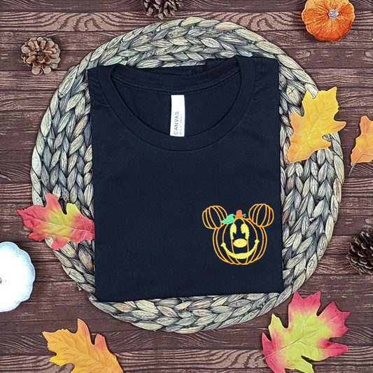 Pumpkin Mickey Decor Black Embroidered Tee