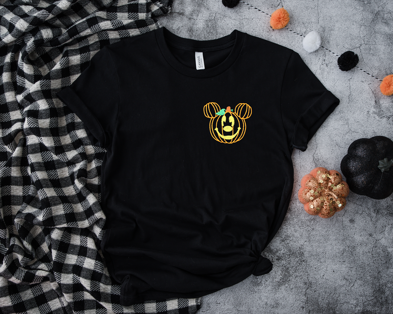 Pumpkin Mickey Decor Black Embroidered Tee