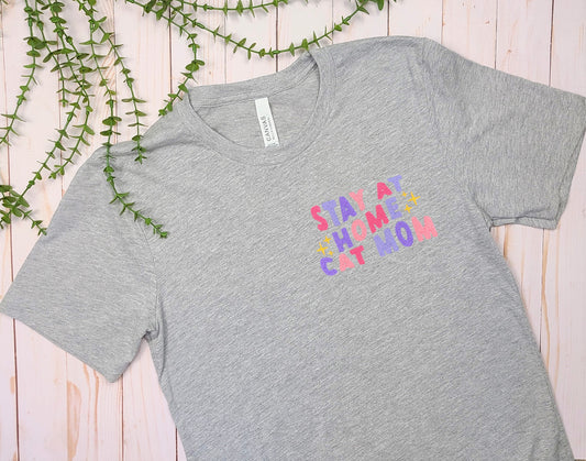 Stay at Home Cat Mom Embroidered Gray Tee