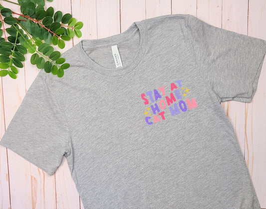 Stay at Home Cat Mom Embroidered Gray Tee