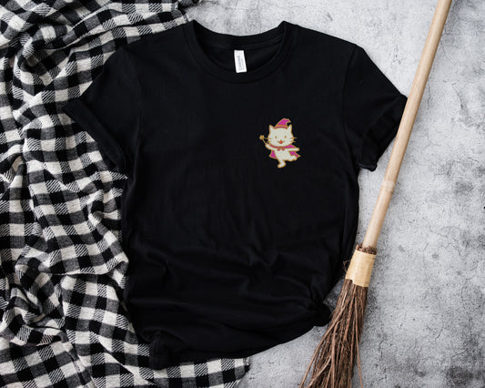White Magic Cat Black Embroidered Tee