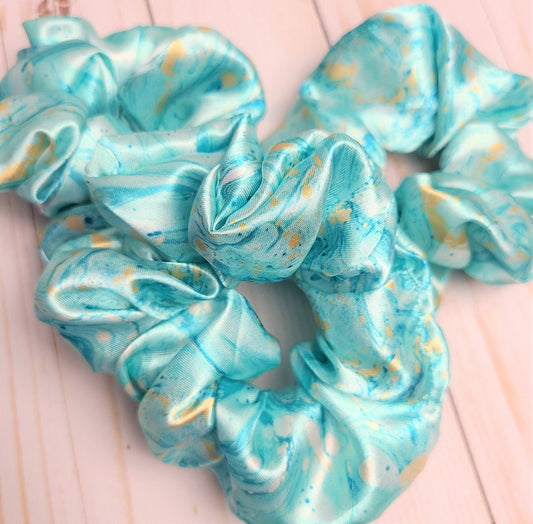 Teal Marble Satin Scrunchie