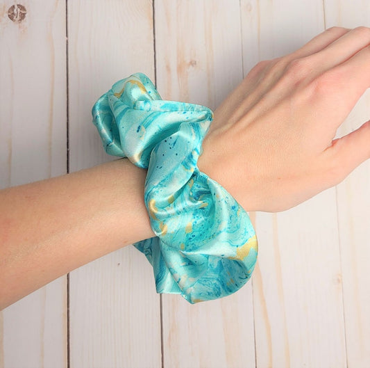 Teal Marble Satin Scrunchie