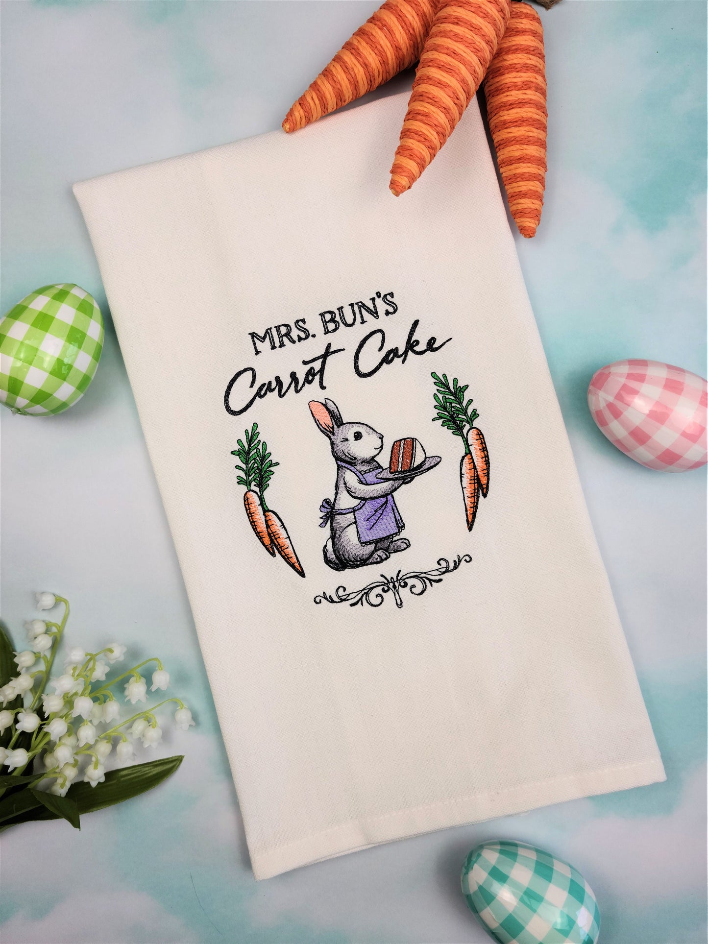 Mrs. Bun's Carrot Cake Embroidered Kitchen Tea Towel