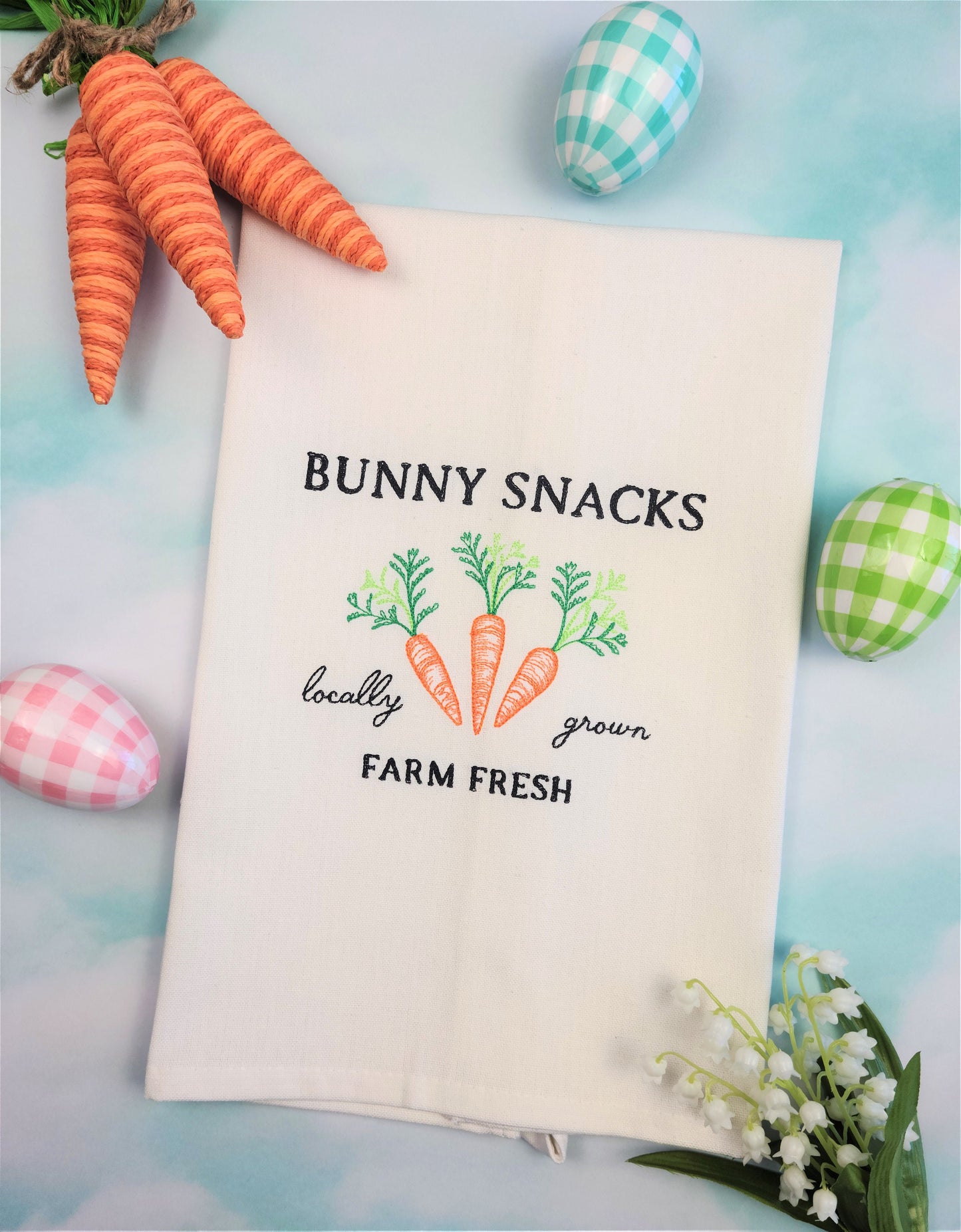 Set of 2 Tea Towels | Bunny Snacks and Chick-Inn Embroidered Kitchen Tea Towels