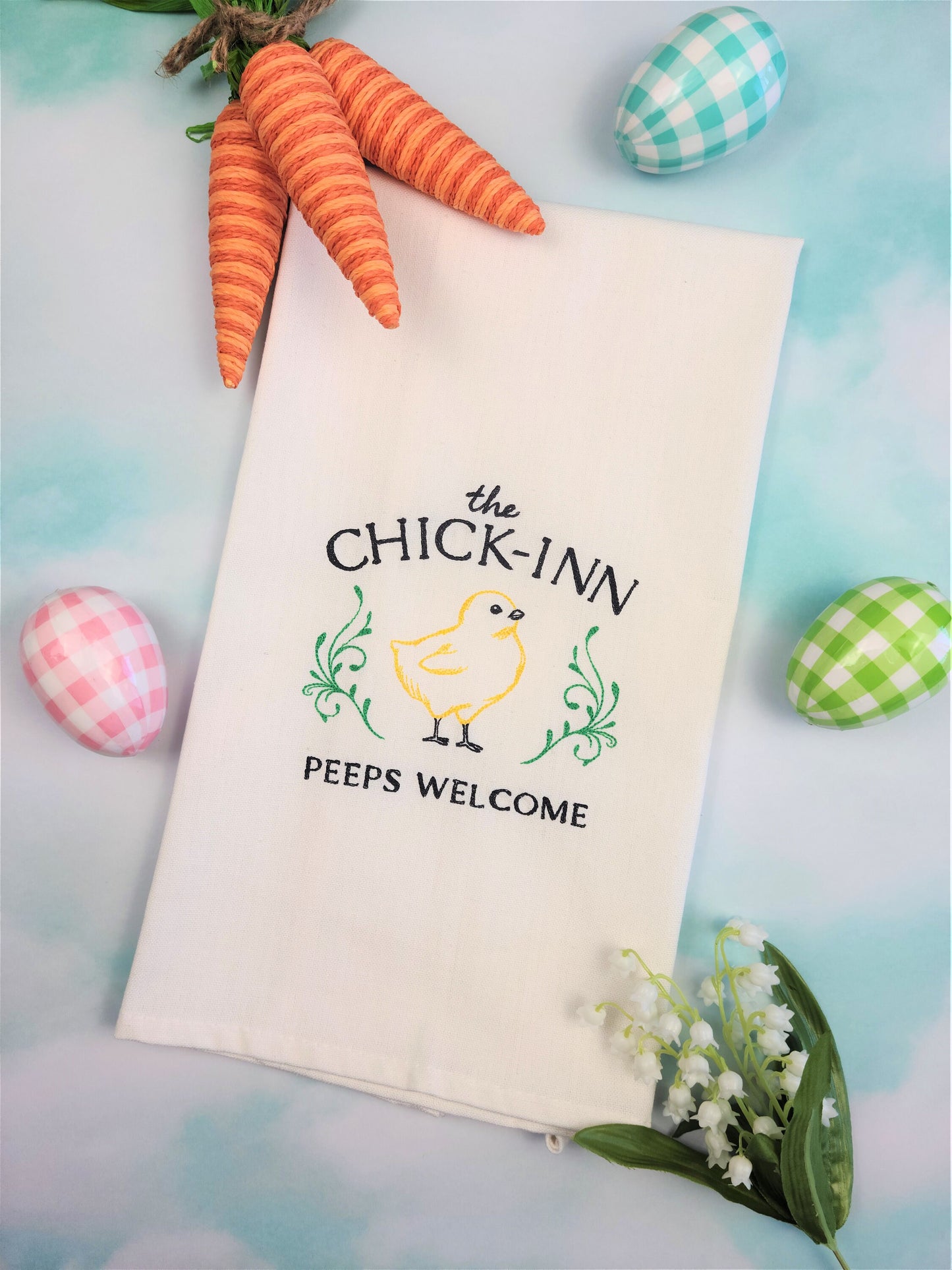 Set of 2 Tea Towels | Bunny Snacks and Chick-Inn Embroidered Kitchen Tea Towels
