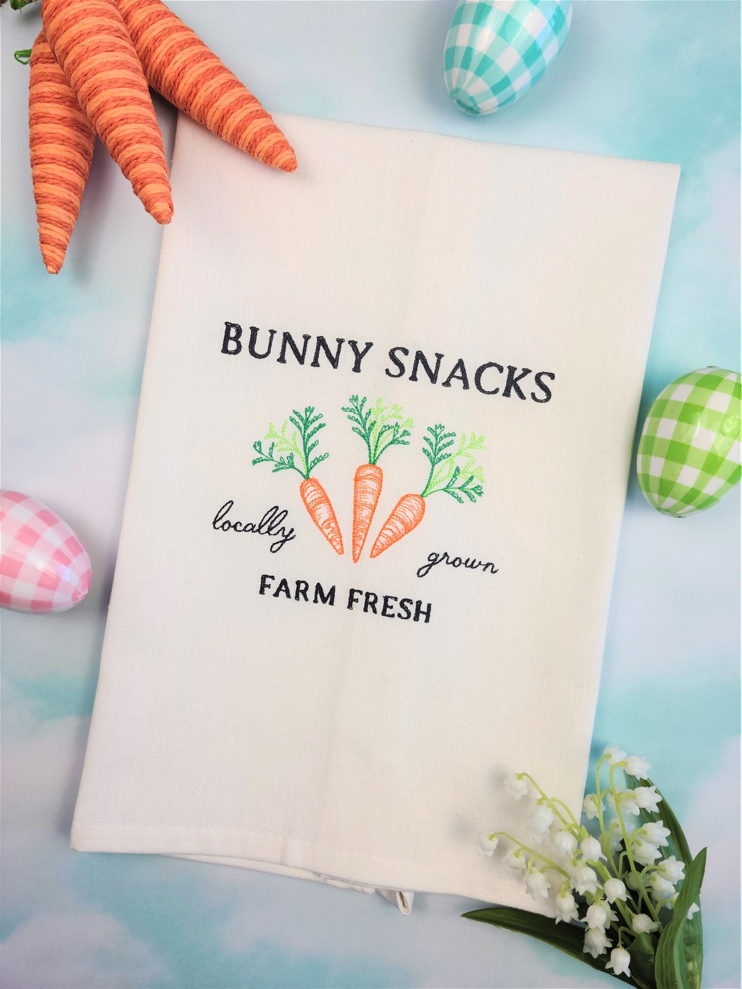 Set of 2 Tea Towels | Bunny Snacks and Chick-Inn Embroidered Kitchen Tea Towels