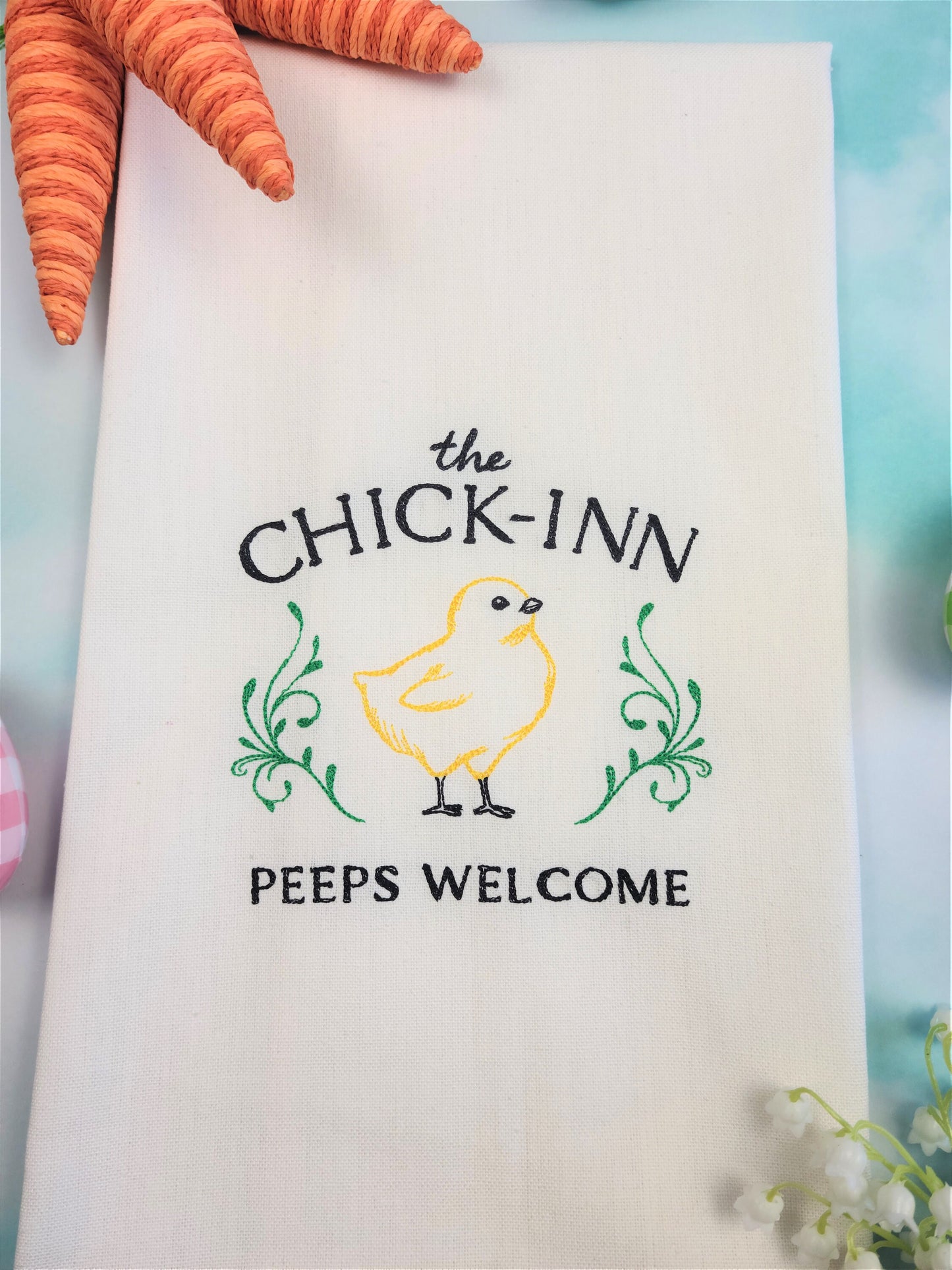 Set of 2 Tea Towels | Bunny Snacks and Chick-Inn Embroidered Kitchen Tea Towels