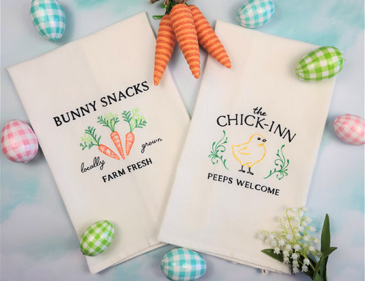 Set of 2 Tea Towels | Bunny Snacks and Chick-Inn Embroidered Kitchen Tea Towels