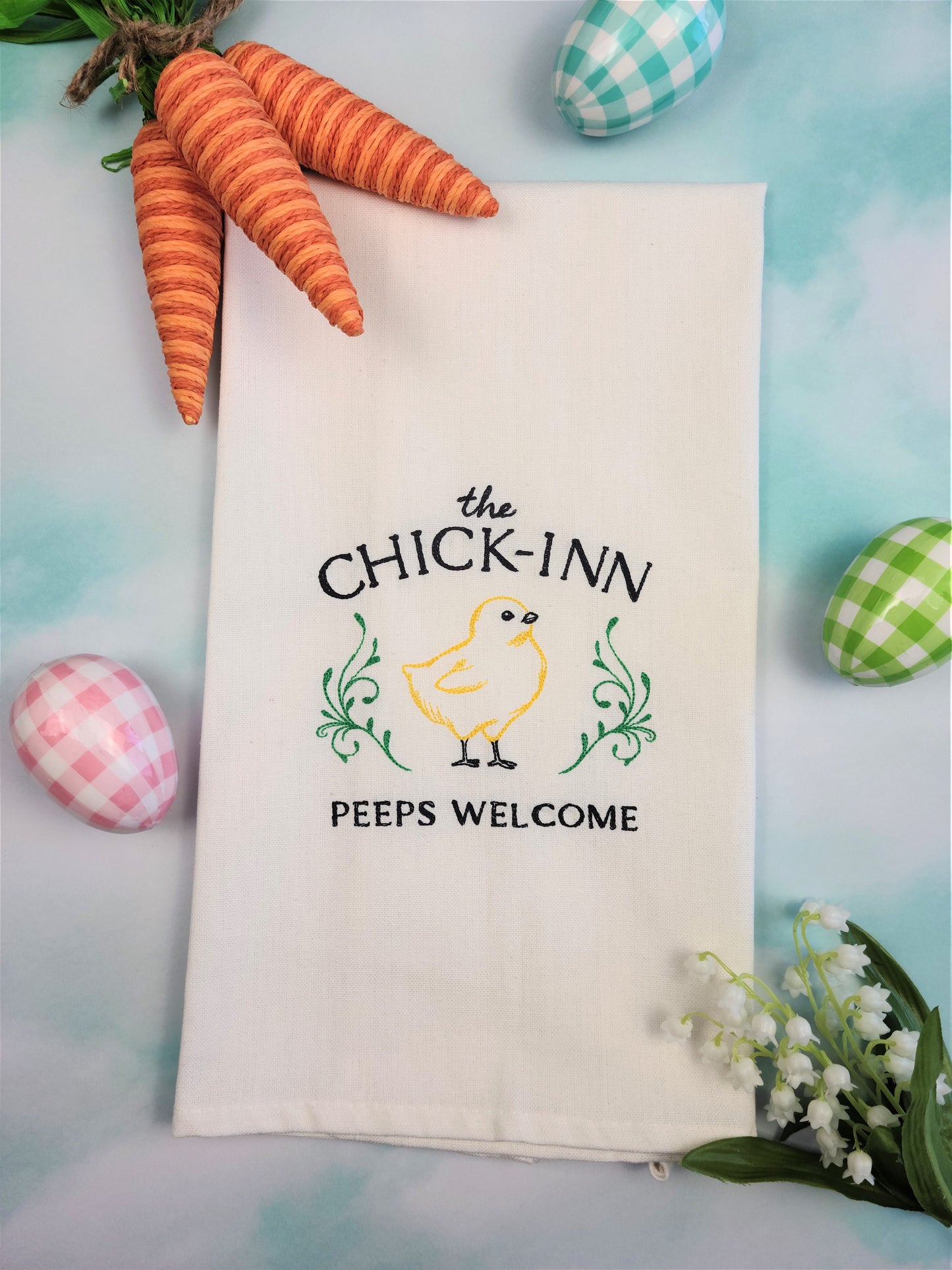 Set of 2 Tea Towels | Bunny Snacks and Chick-Inn Embroidered Kitchen Tea Towels