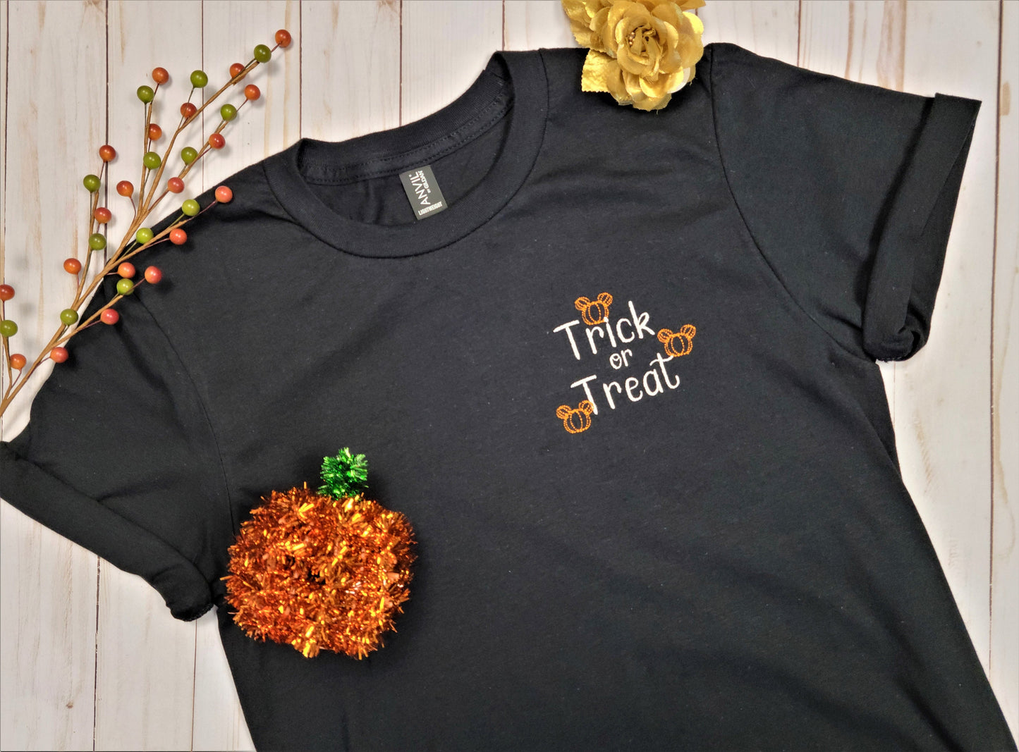 Mickey Pumpkin Trick or Treat Black Embroidered Tee