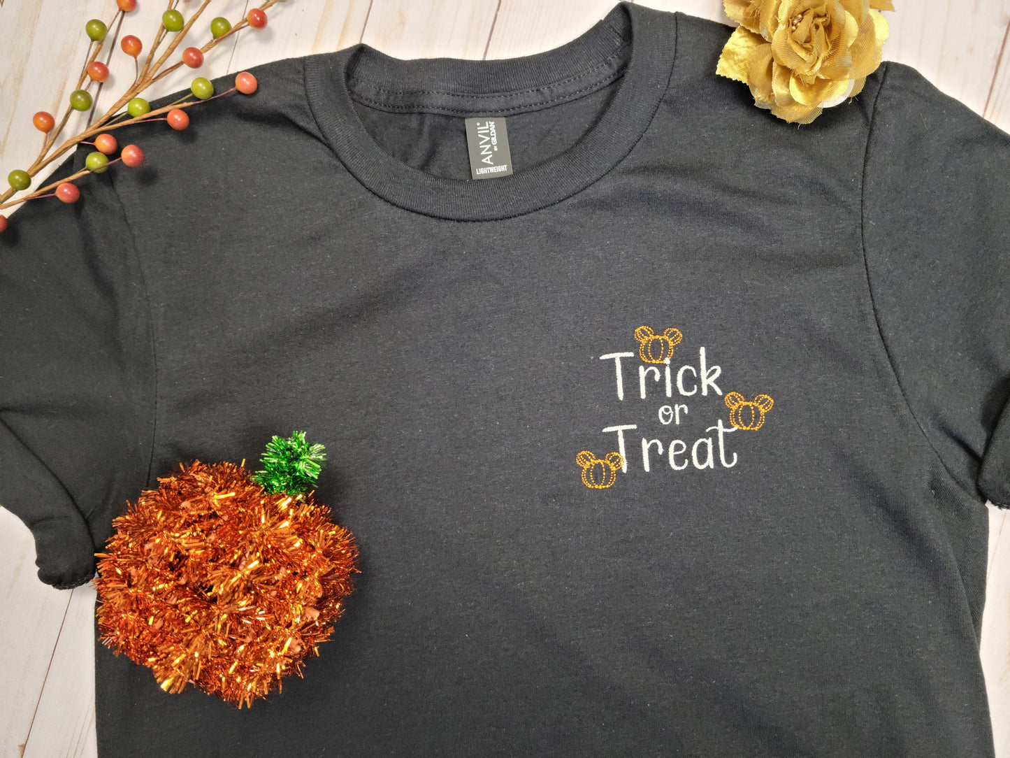 Mickey Pumpkin Trick or Treat Black Embroidered Tee