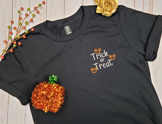 Mickey Pumpkin Trick or Treat Black Embroidered Tee