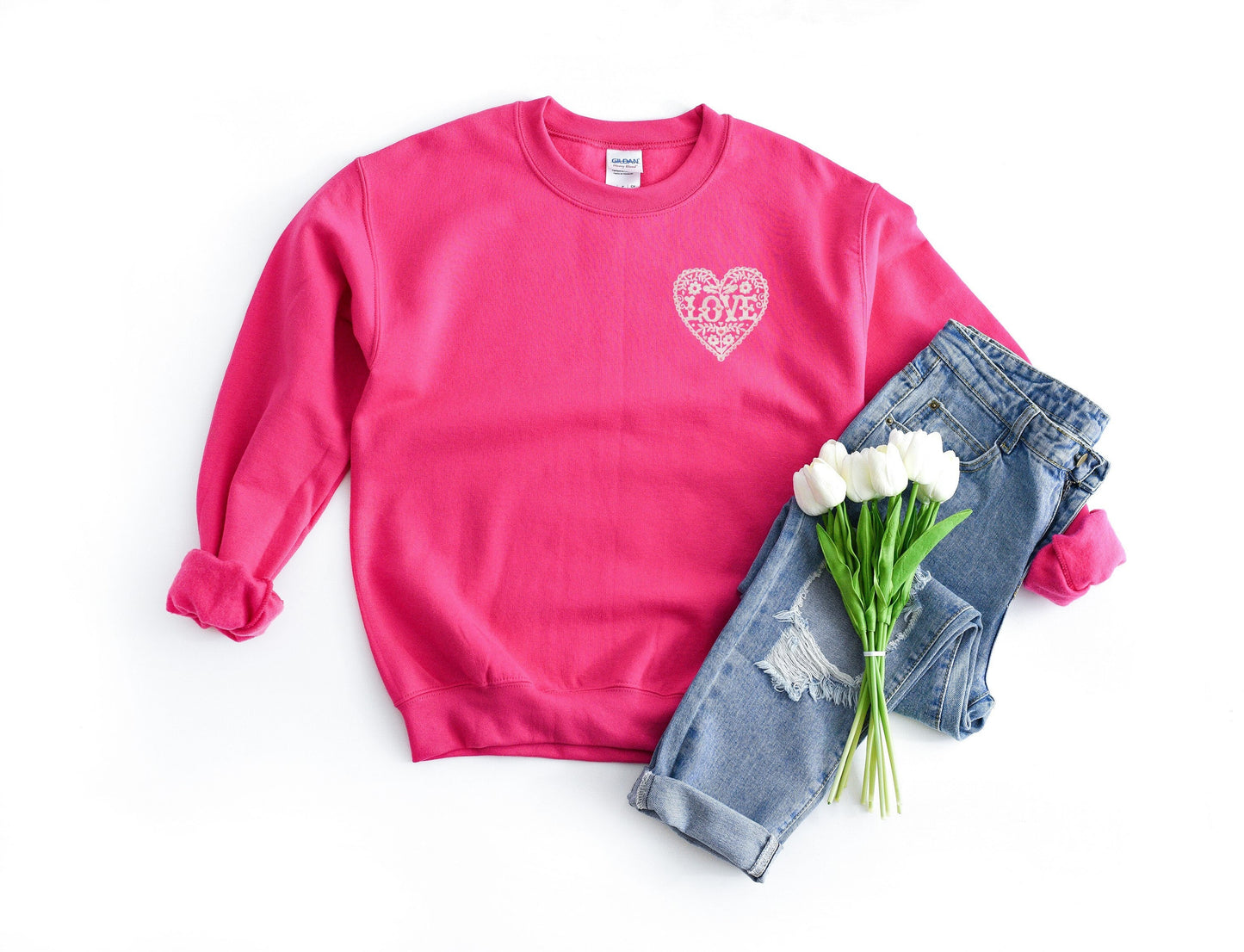 Love Flower Heart Embroidered Unisex Crewneck Sweatshirt