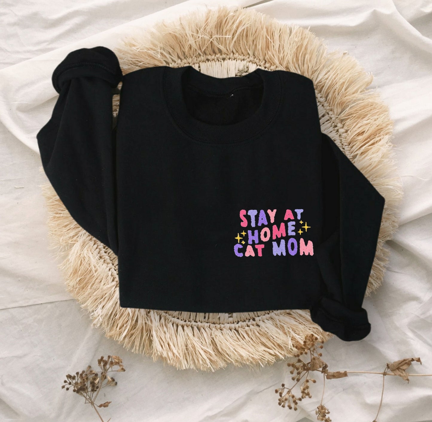 Stay at Home Cat Mom Embroidered Unisex Crewneck Sweatshirt