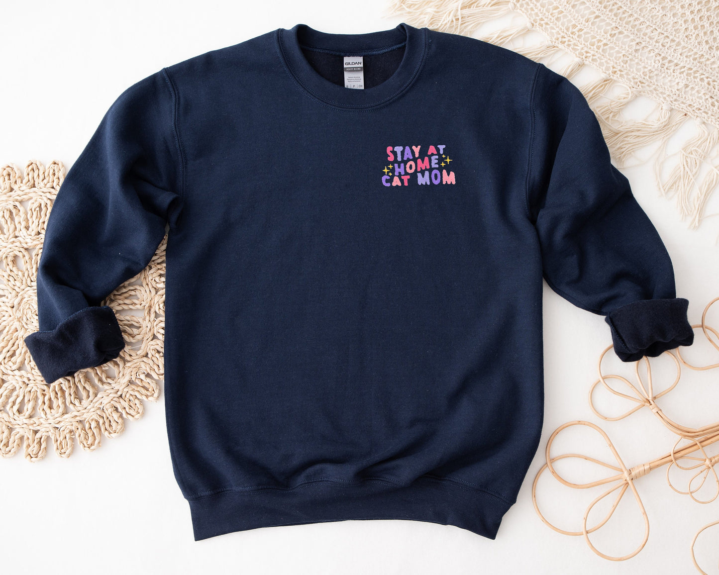 Stay at Home Cat Mom Embroidered Unisex Crewneck Sweatshirt