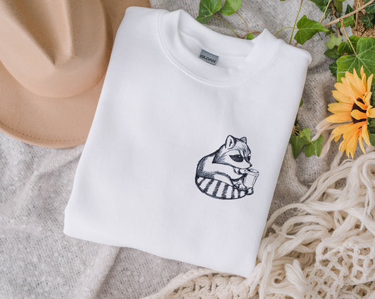 Coffee Raccoon Embroidered Unisex Crewneck Sweatshirt