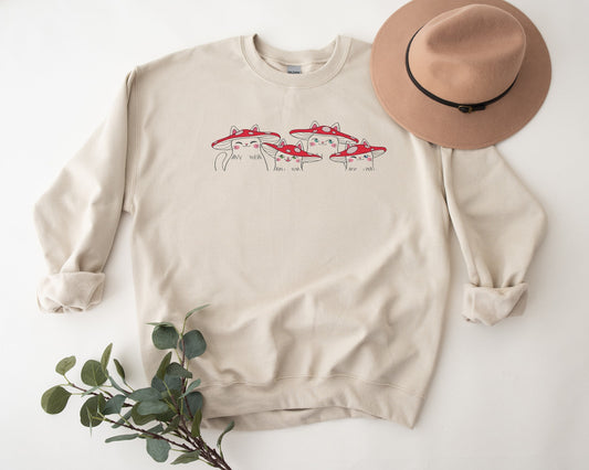 Embroidered Mushroom Cats Unisex Crewneck Sweatshirt