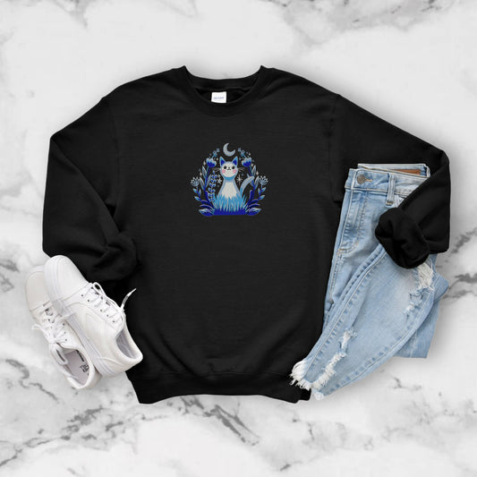 Embroidered Moonlight Kitty Unisex Crewneck Sweatshirt