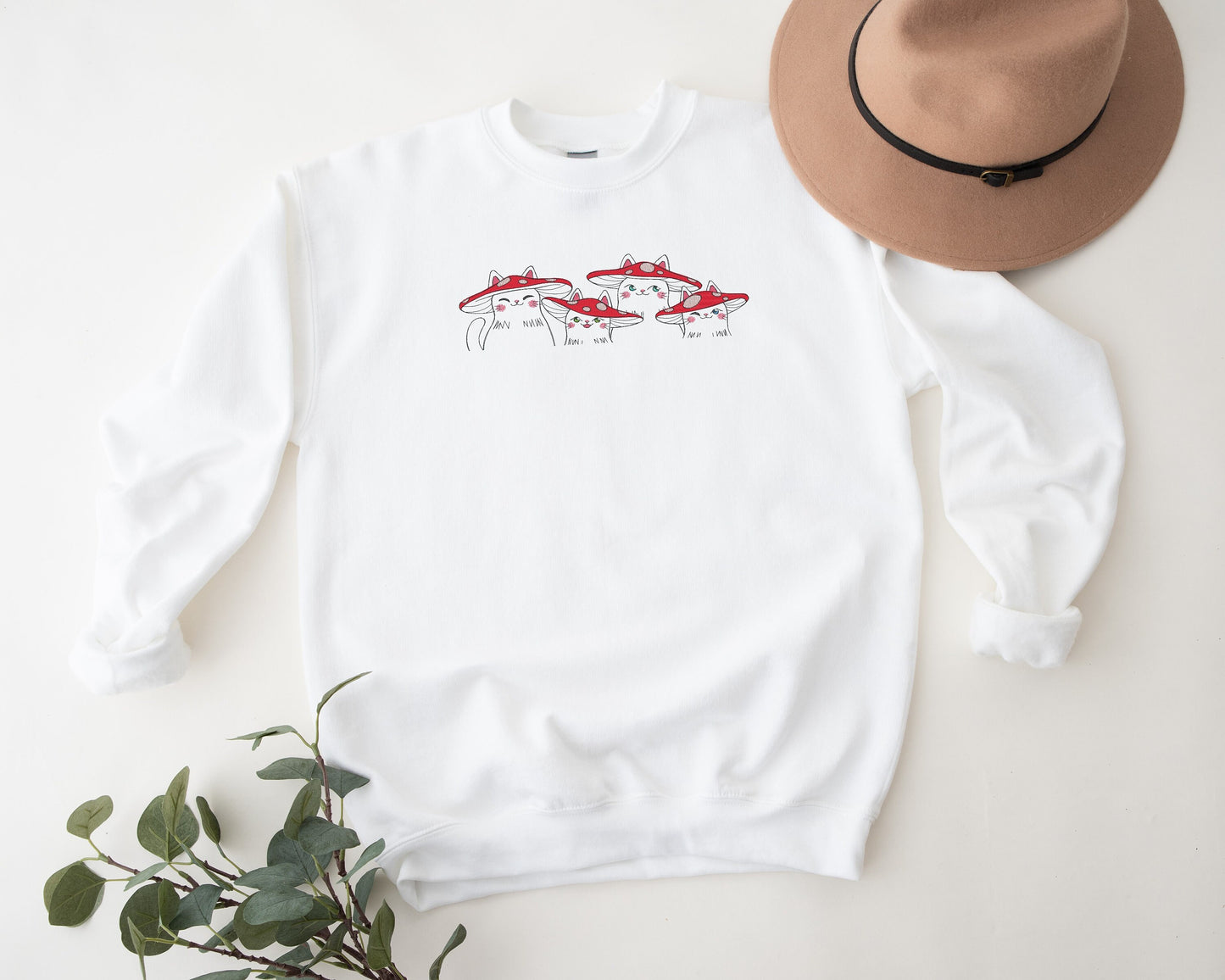 Embroidered Mushroom Cats Unisex Crewneck Sweatshirt