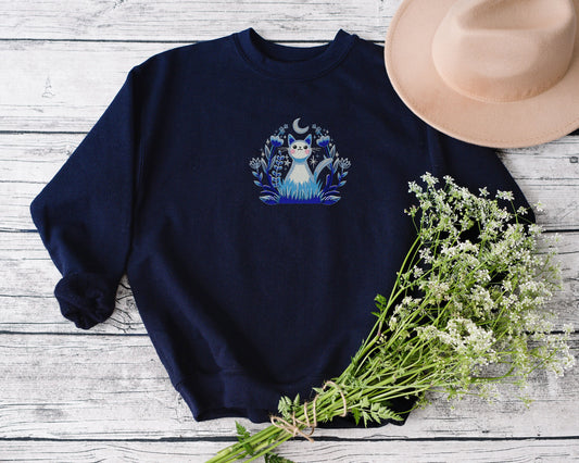 Embroidered Moonlight Kitty Unisex Crewneck Sweatshirt